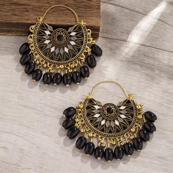 Ethnic Gypsy Black Gold Earrings - Picture 2 of 5